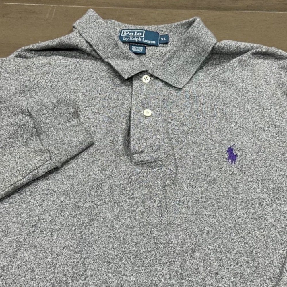 Polo Ralph Lauren Mens XL Gray Heather Long Sleeve Cotton Polo Shirt Purple Pony